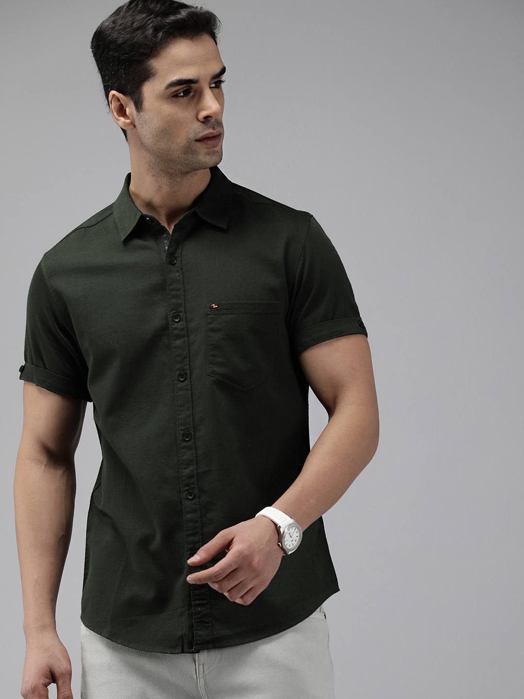 

SPYKAR Pure Cotton Slim Fit Opaque Casual Shirt, Olive
