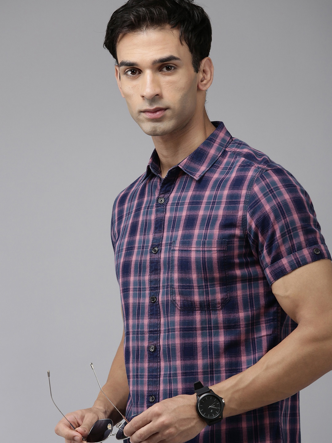 

SPYKAR Slim Fit Tartan Checks Opaque Casual Shirt, Pink