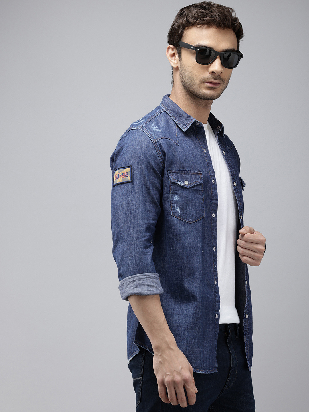 

SPYKAR Pure Cotton Slim Fit Distressed Casual Shirt, Blue
