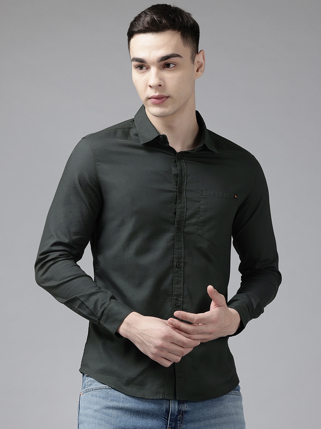 

SPYKAR Slim Fit Pure Cotton Casual Shirt, Green