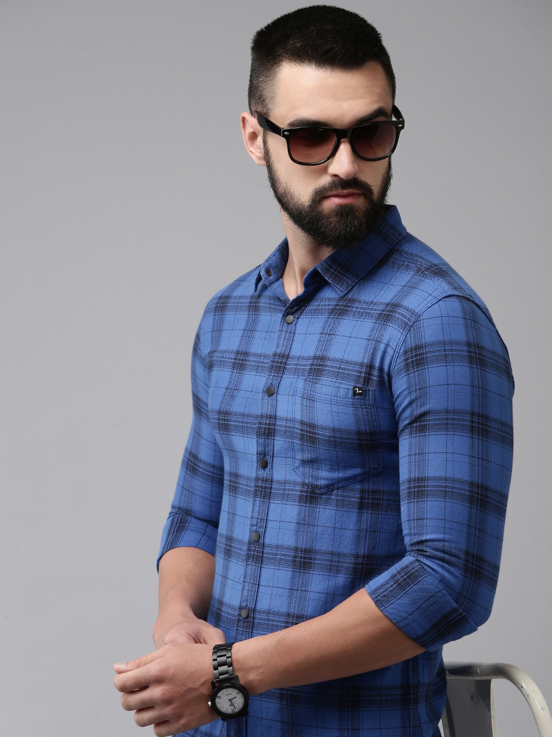 

SPYKAR Slim Fit Opaque Checked Pure Cotton Casual Shirt, Blue