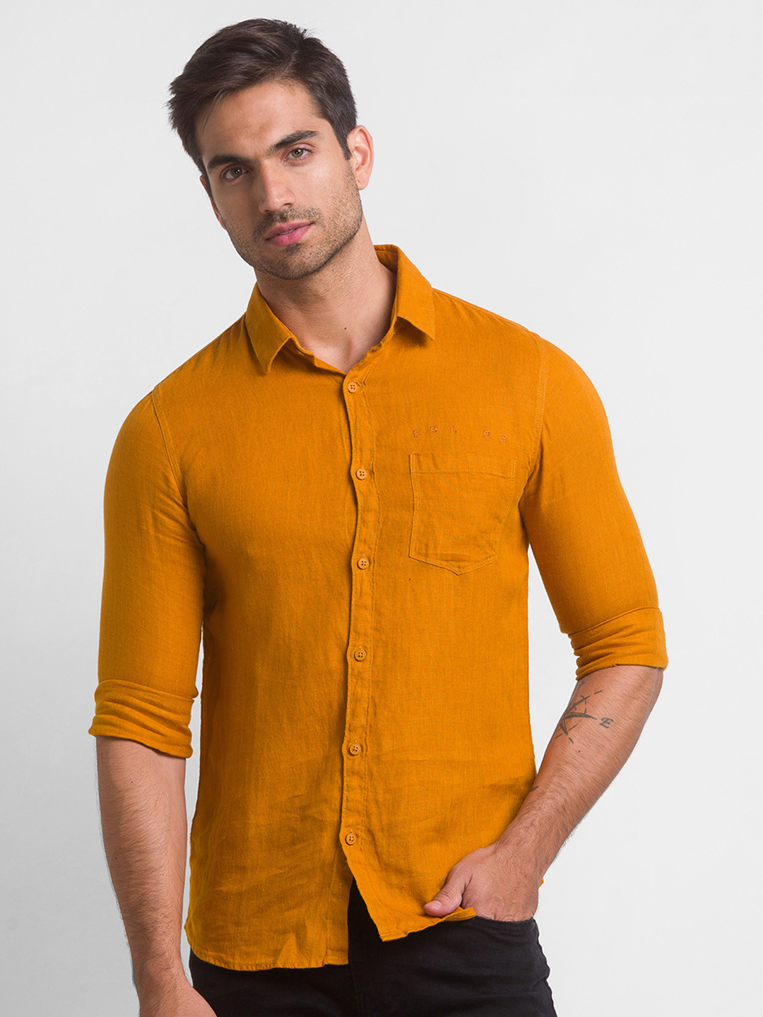 

SPYKAR Linen Slim Fit Casual Shirt, Mustard