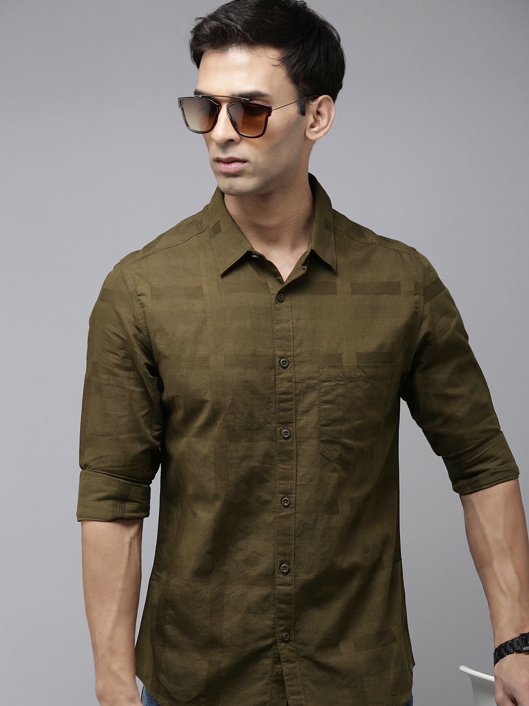 

SPYKAR Slim Fit Checked Casual Shirt, Olive