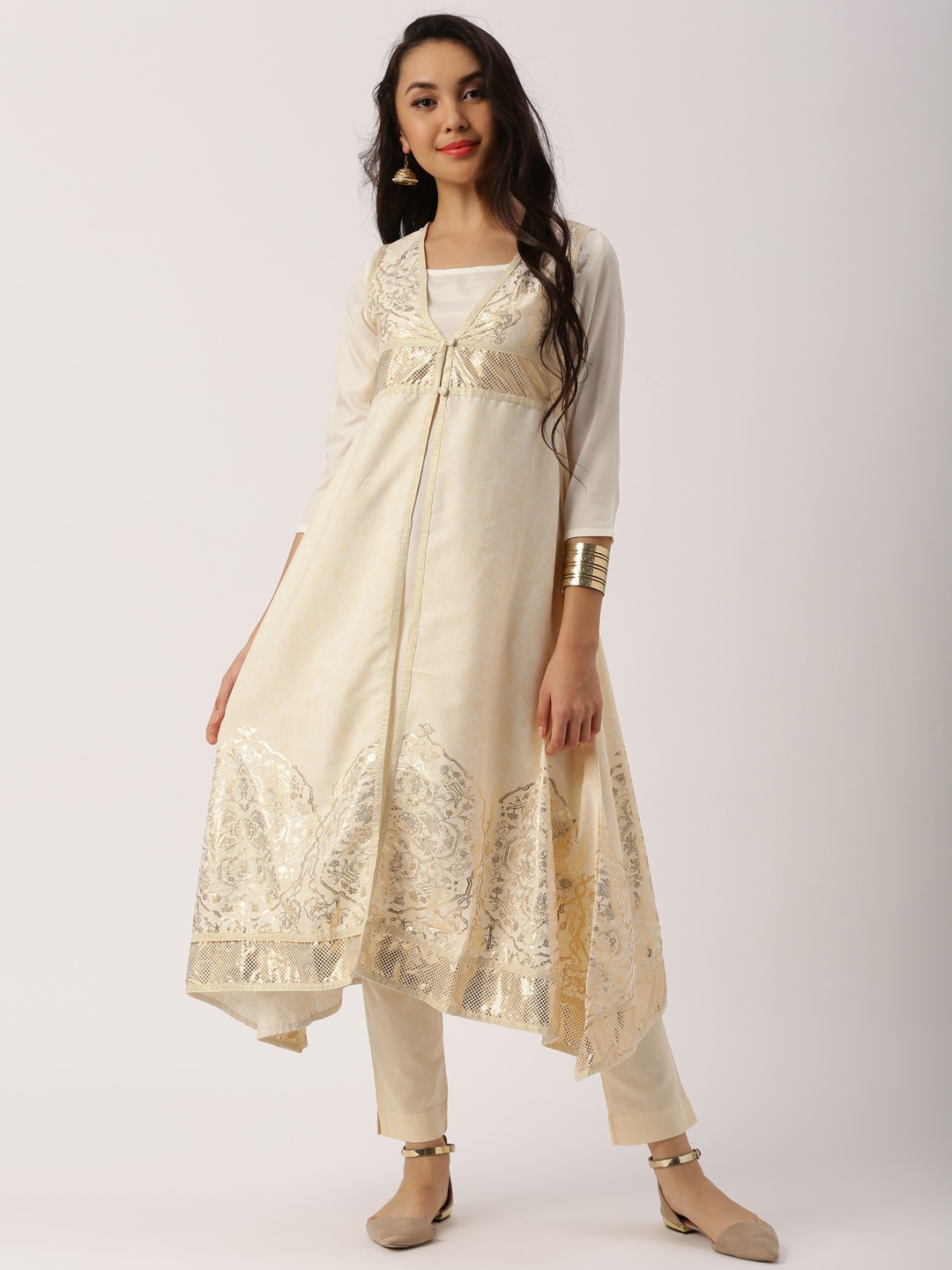 

IMARA Women Beige Printed Asymmetric A-Line Kurta