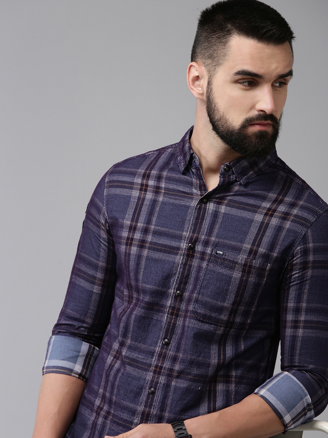 

SPYKAR Slim Fit Checked Pure Cotton Casual Shirt, Blue