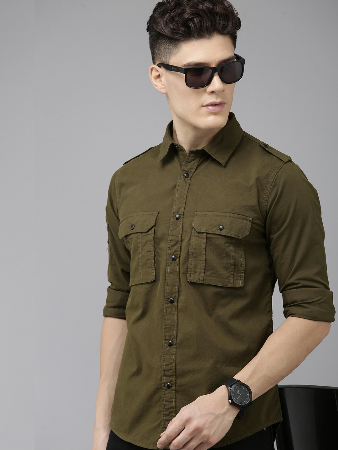 

SPYKAR Slim Fit Pure Cotton Casual Shirt, Olive