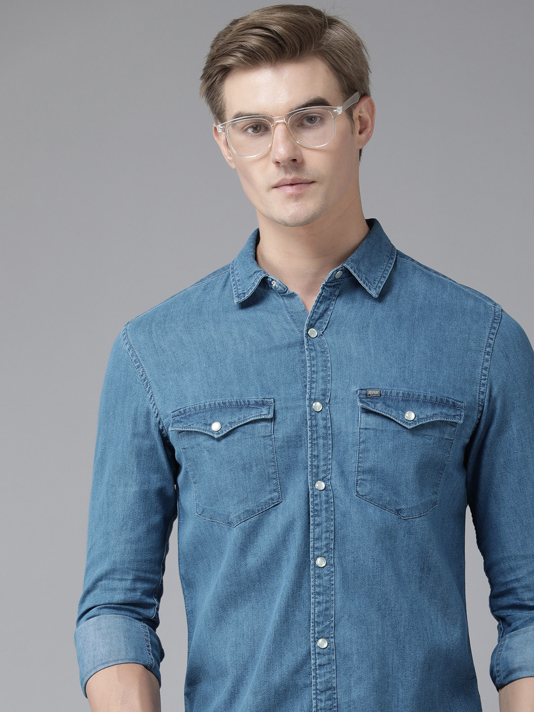 

SPYKAR Solid Slim Fit Casual Shirt With Chest Pockets, Blue