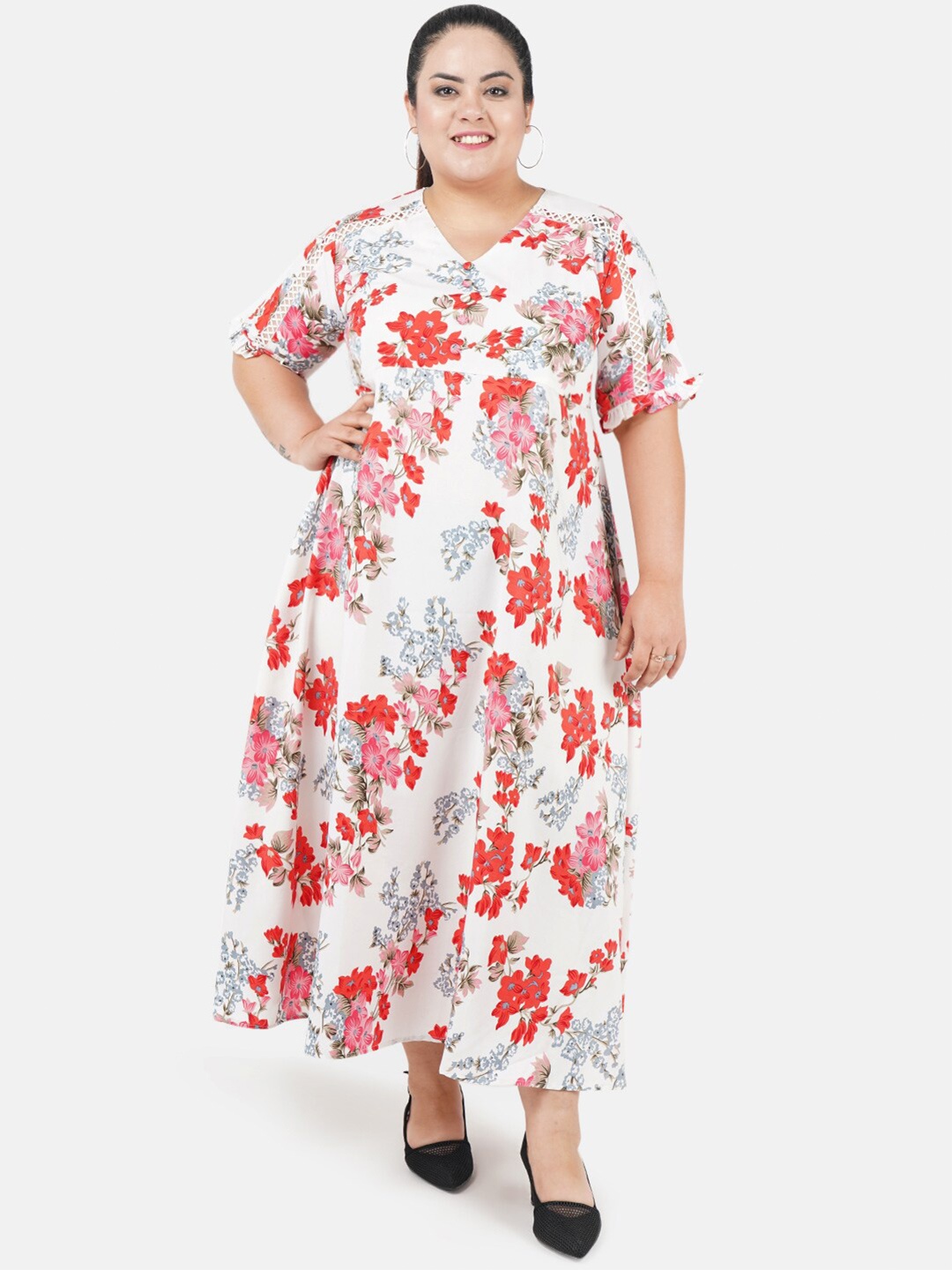 Indietoga Plus Size Women White & Red Floral Crepe Maxi Dress