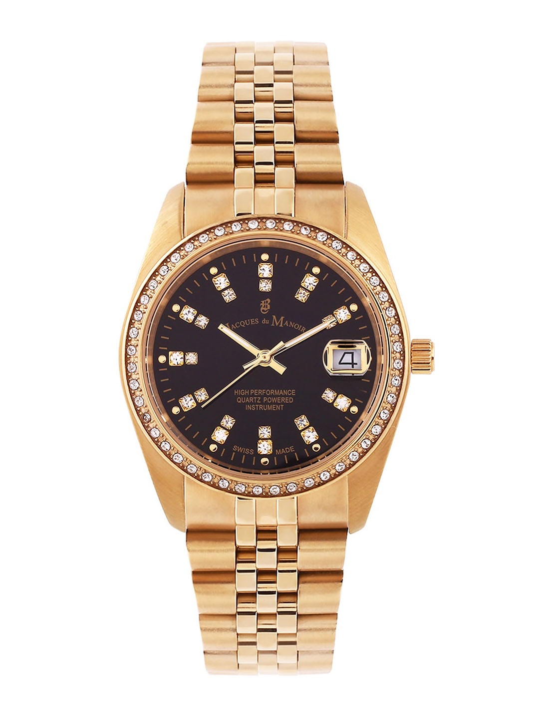 

JACQUES du MANOIR Women Black Brass Embellished Dial & Gold Toned Stainless Steel Bracelet Style Straps Watch