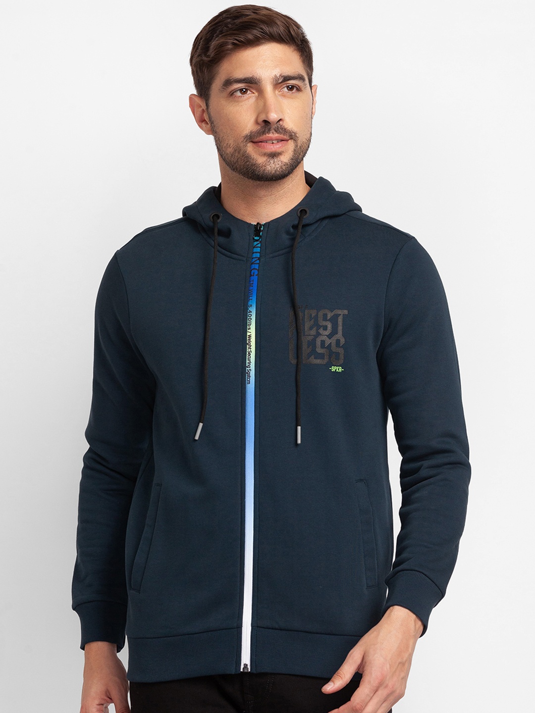 

SPYKAR Typography Printed Hooded Front-Open Sweatshirt, Teal