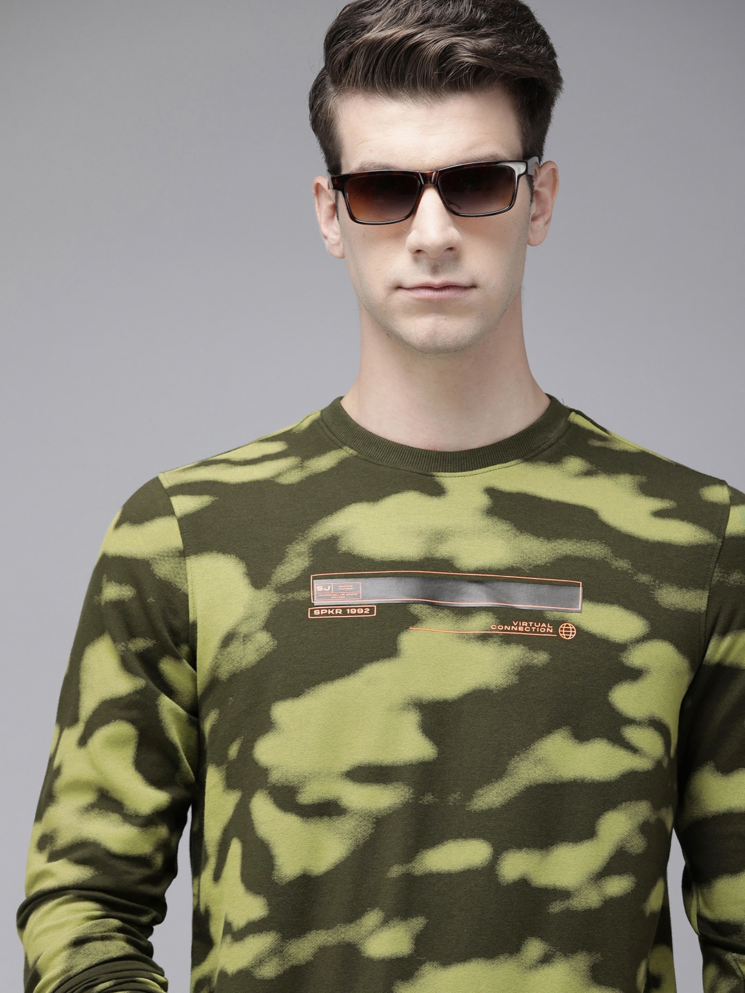 

SPYKAR Round Neck Abstract Printed Pullover Sweatshirt, Olive