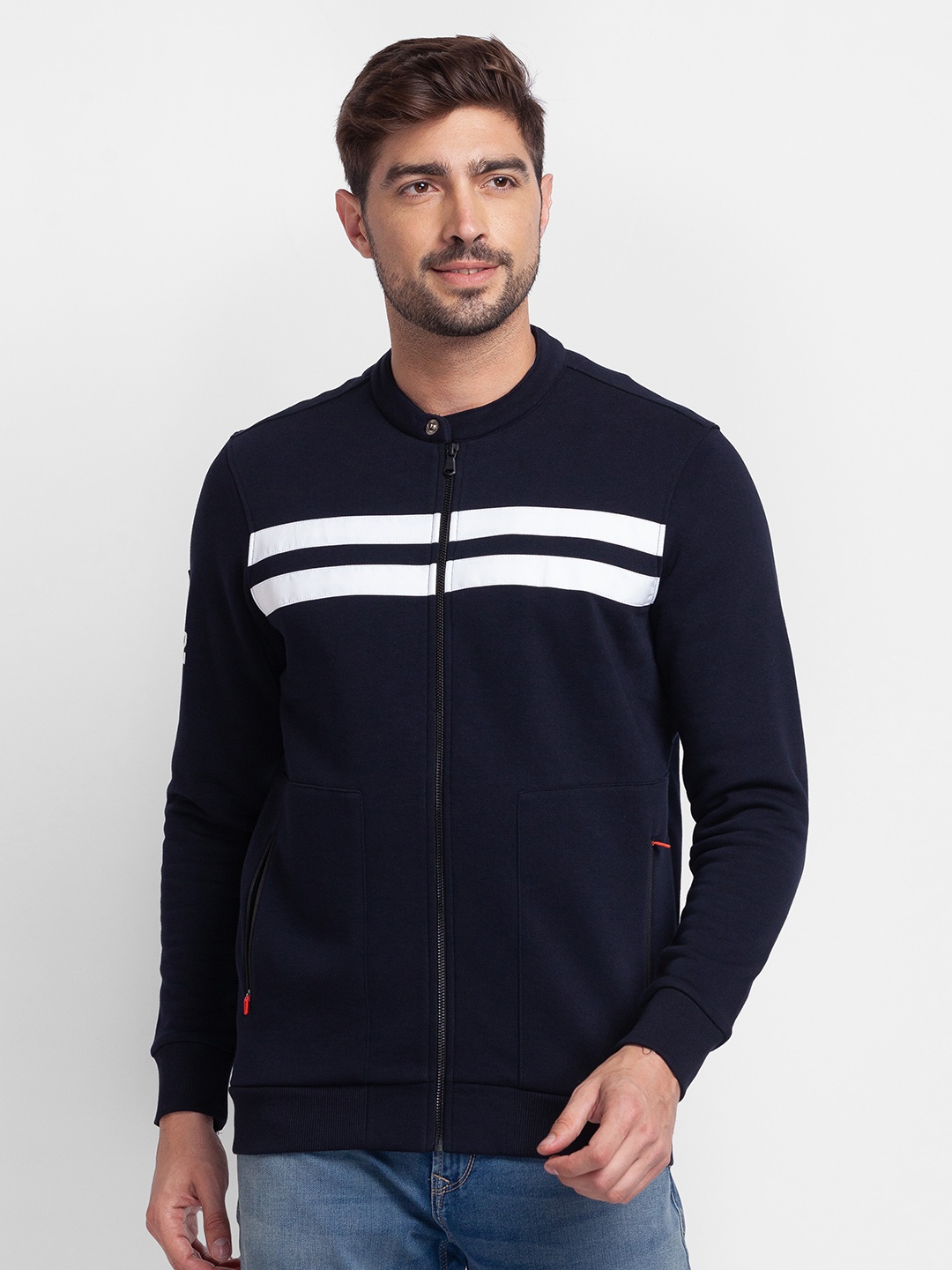 

SPYKAR Striped Front-Open Sweatshirt, Black