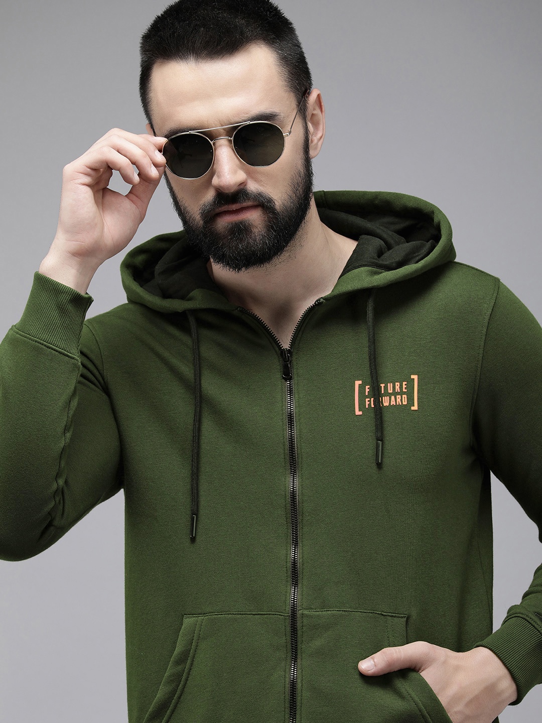 

SPYKAR Typography Printed Front-Open Hooded Sweatshirt, Green