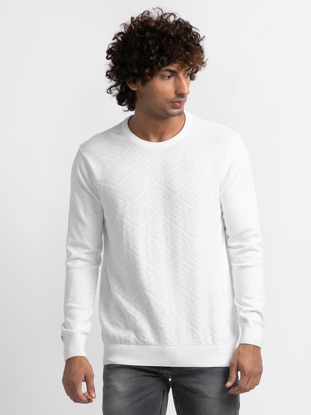 

SPYKAR Pure Cotton Round Neck Cable Knit Pullover Sweater, White