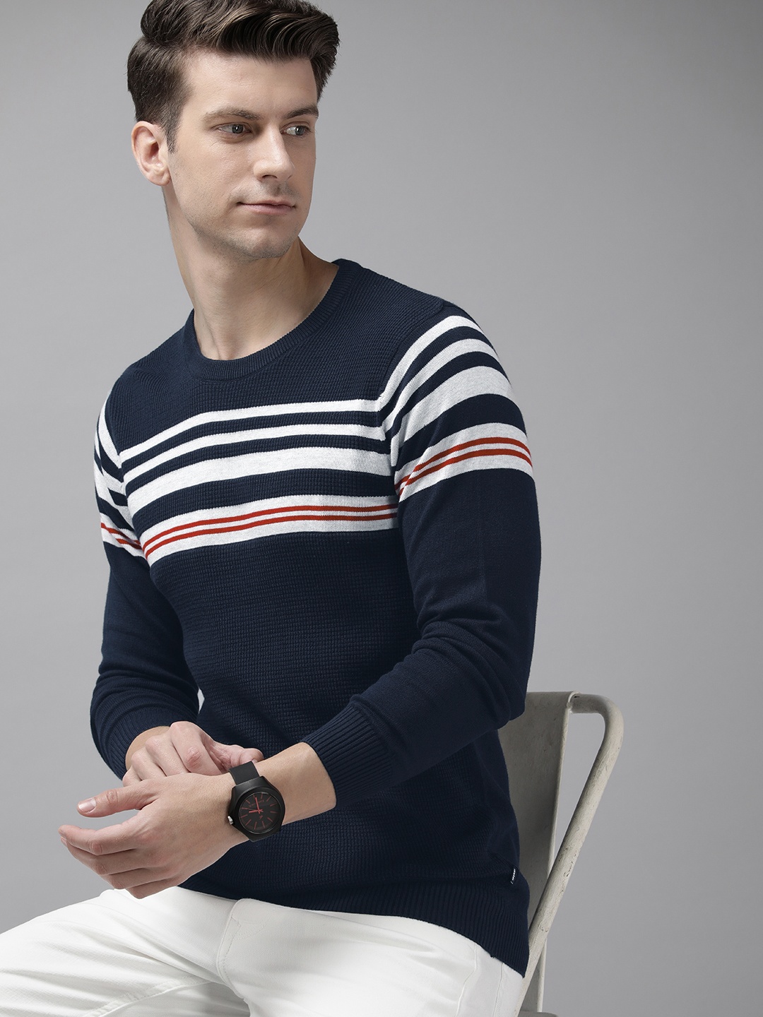 

SPYKAR Striped Knitted Pure Cotton Pullover, Navy blue