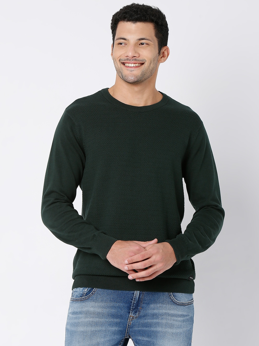 

SPYKAR Pure Cotton Round Neck Cable Knit Pullover Sweater, Green