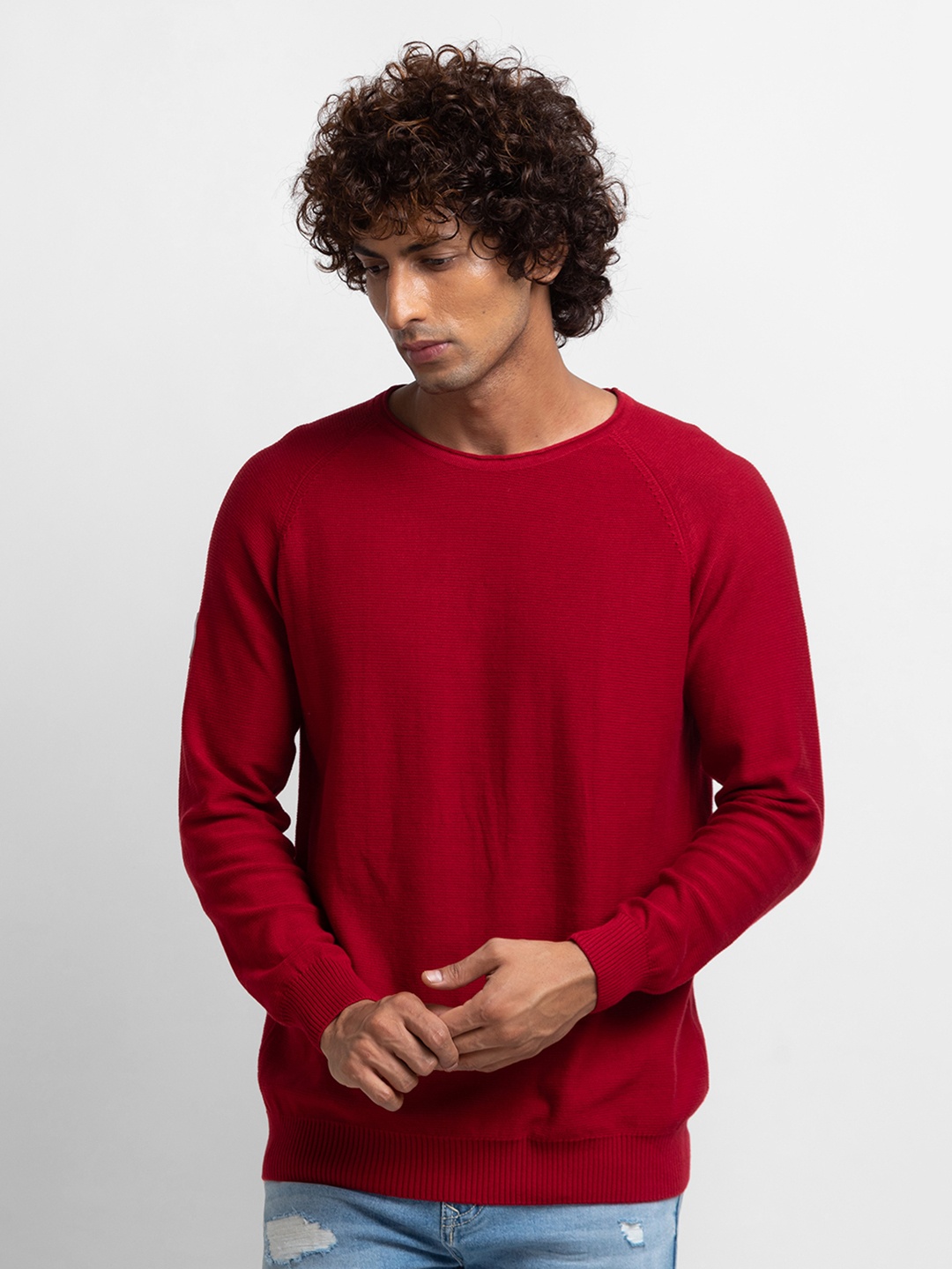 

SPYKAR Pure Cotton Solid Round Neck Pullover Sweater, Red