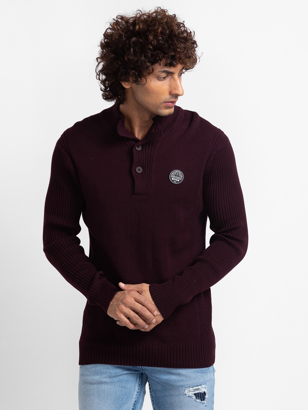 

SPYKAR Pure Cotton Mock Collar Cable Knit Pullover Sweater, Maroon