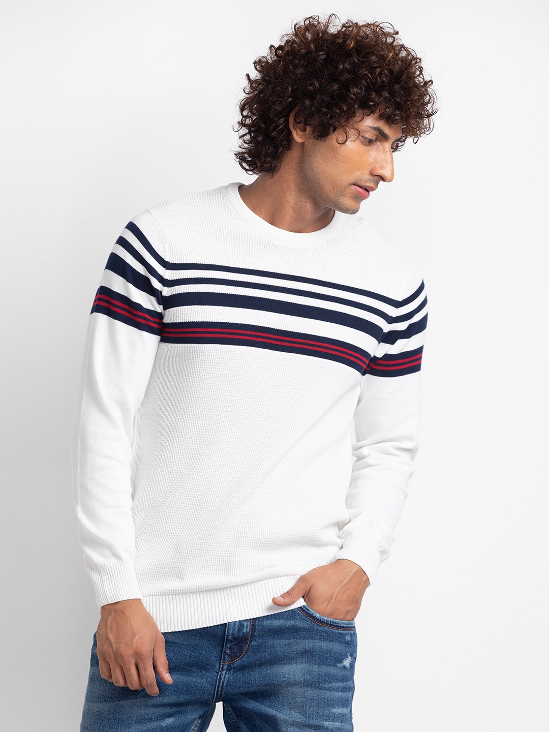 

SPYKAR Pure Cotton Striped Pullover Sweater, White