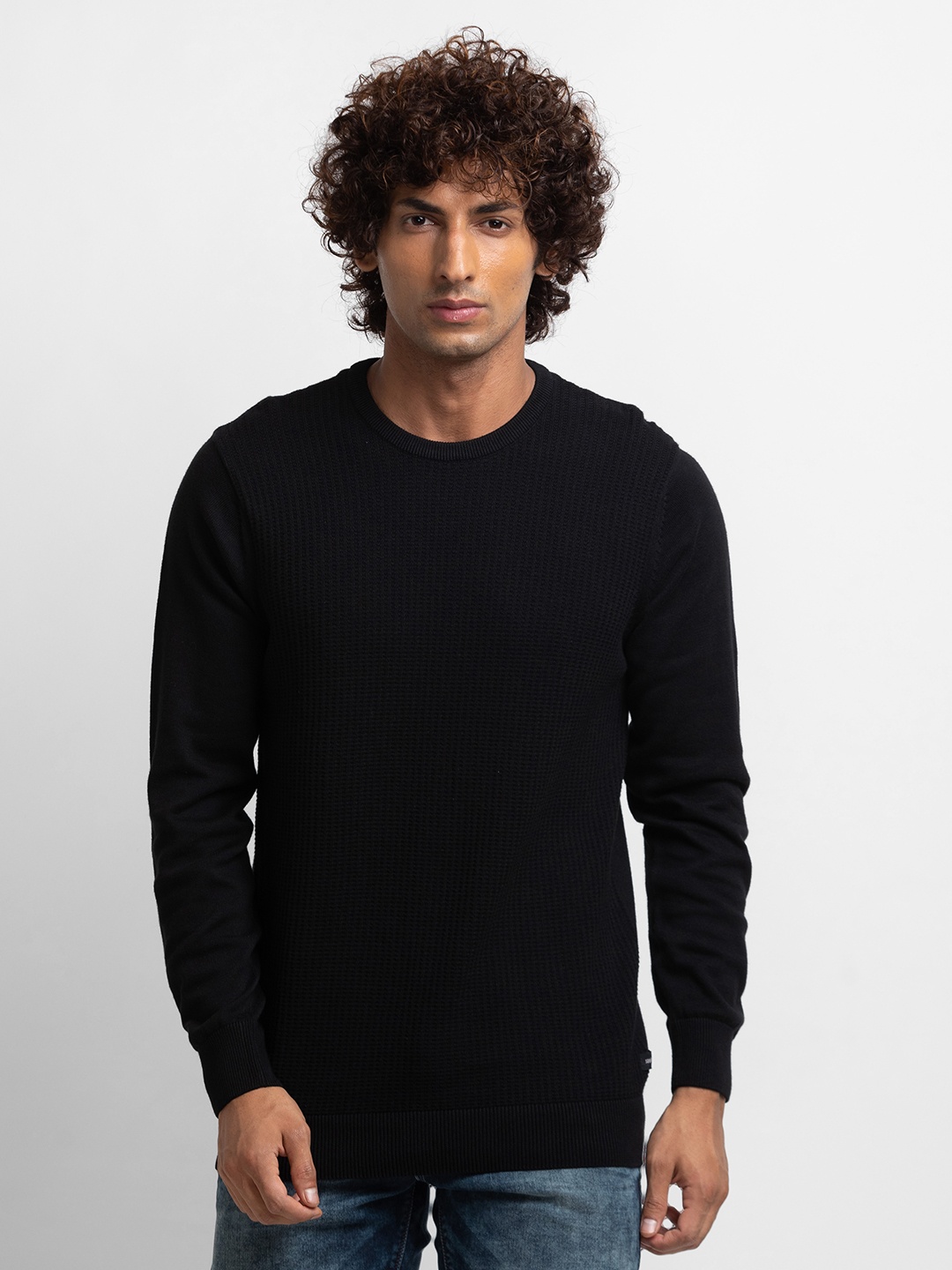 

SPYKAR Pure Cotton Self Design Cable Knit Pullover Sweaters, Black