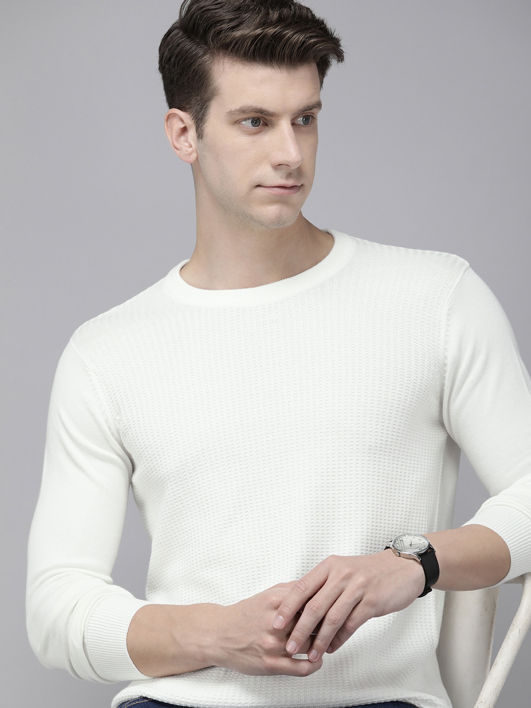 

SPYKAR Pure Cotton Cable Knit Pullover Sweaters, White