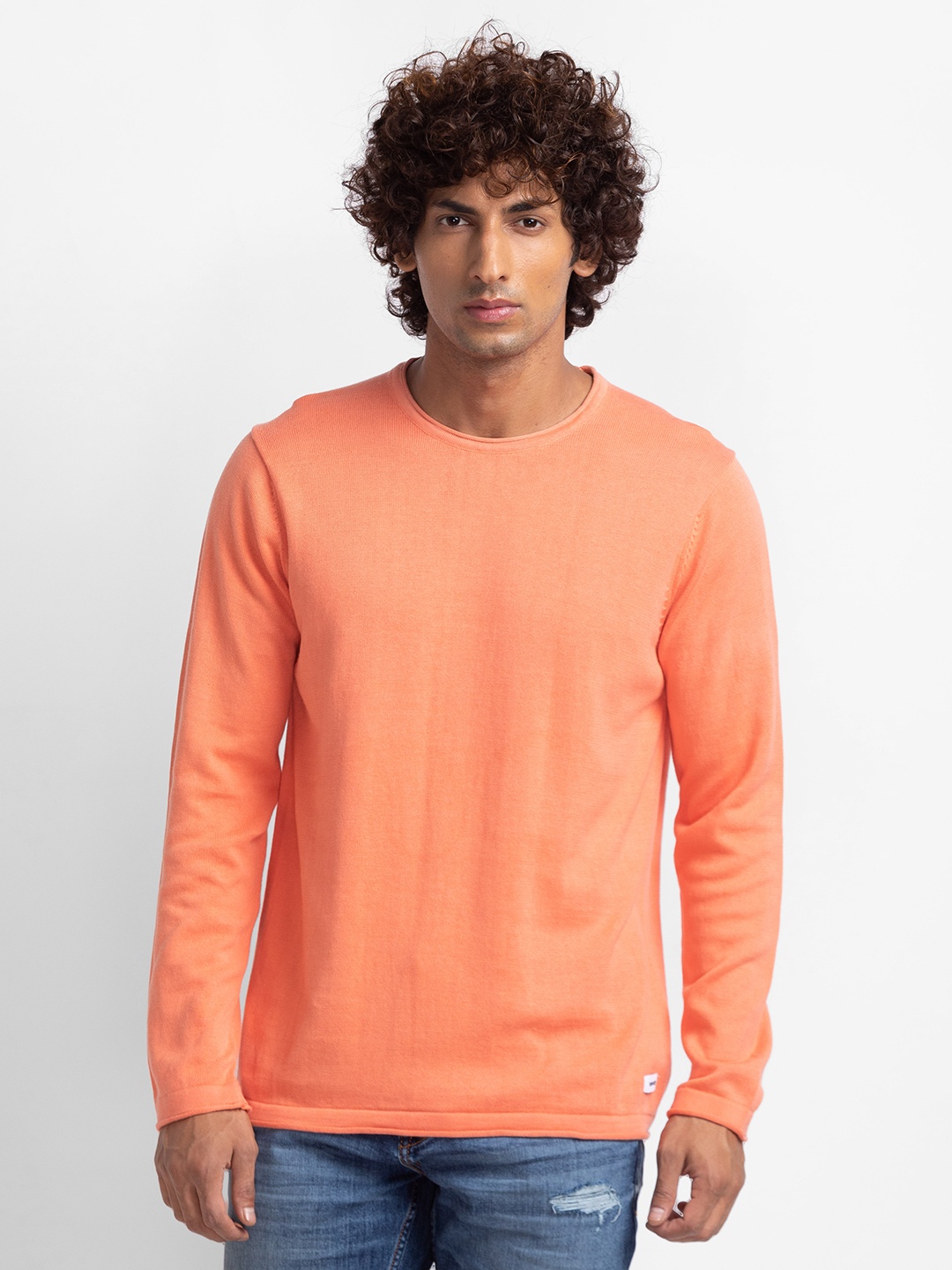 

SPYKAR Pure Cotton Solid Round Neck Pullover Sweater, Coral