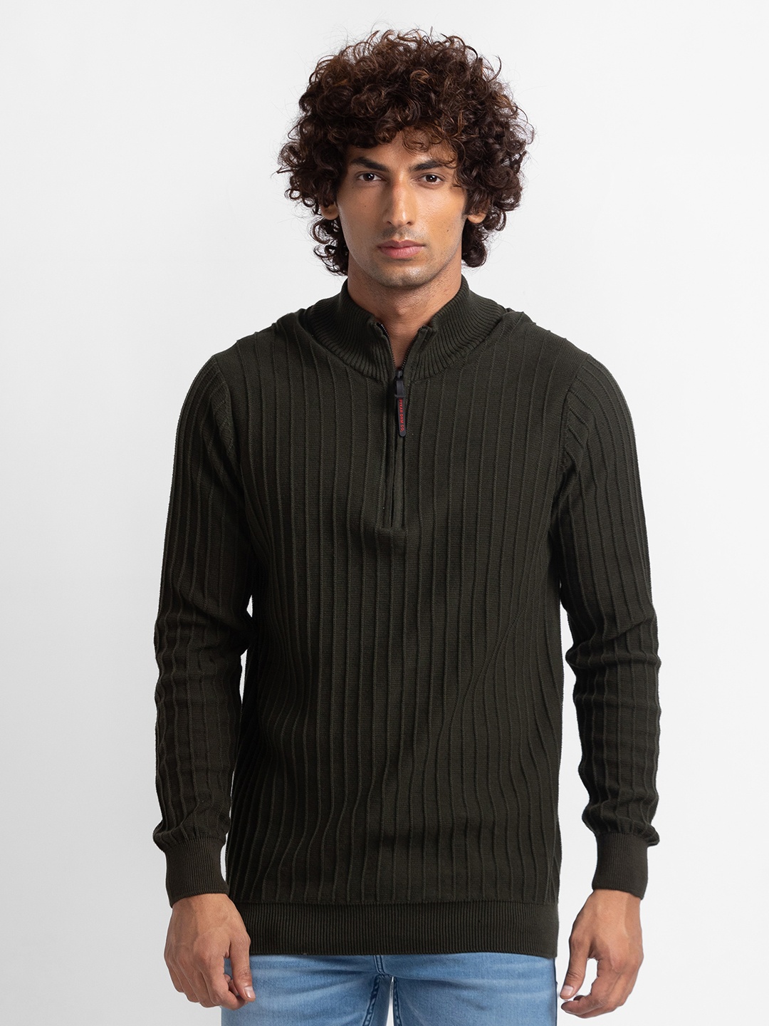 

SPYKAR Pure Cotton Mock Collar Cable Knit Pullover Sweater, Olive