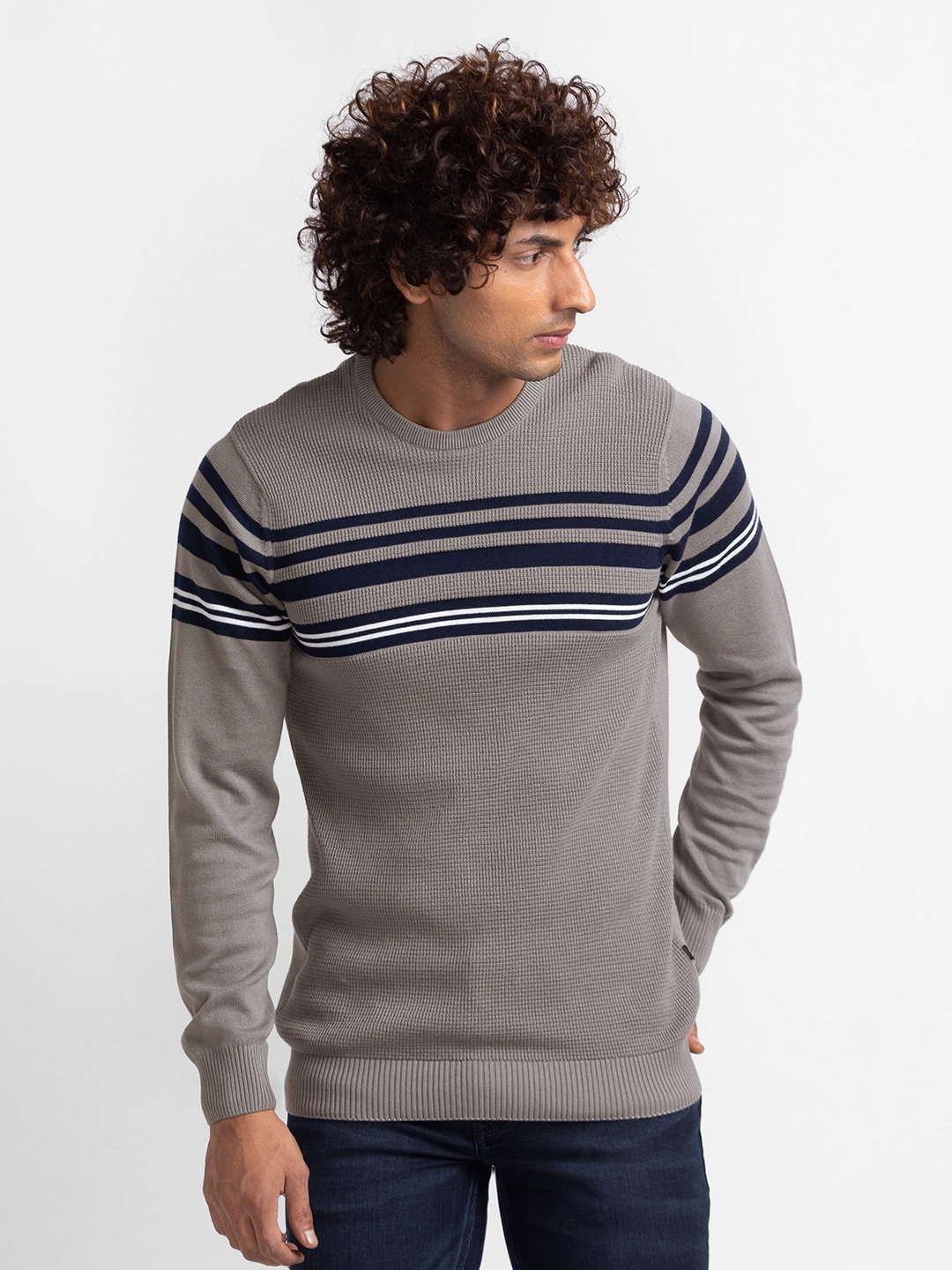 

SPYKAR Pure Cotton Striped Pullover Sweaters, Grey