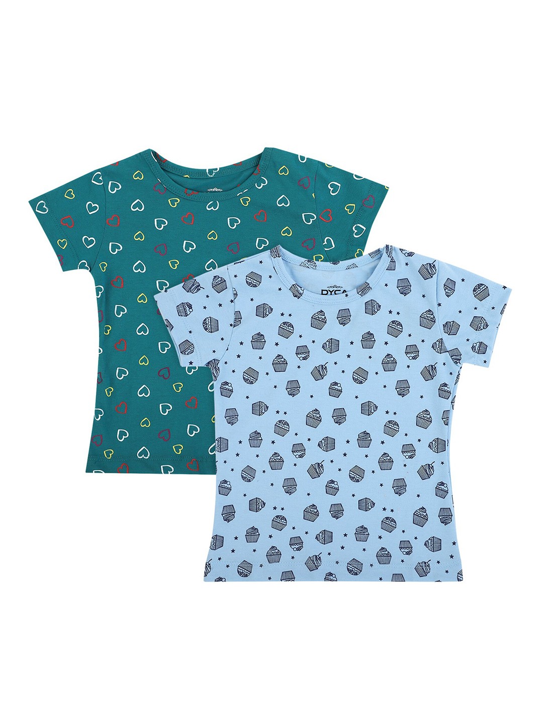 

DYCA Pack Of 2 Girls Teal & Blue Printed Cotton Round Neck Short Sleeves T-shirt
