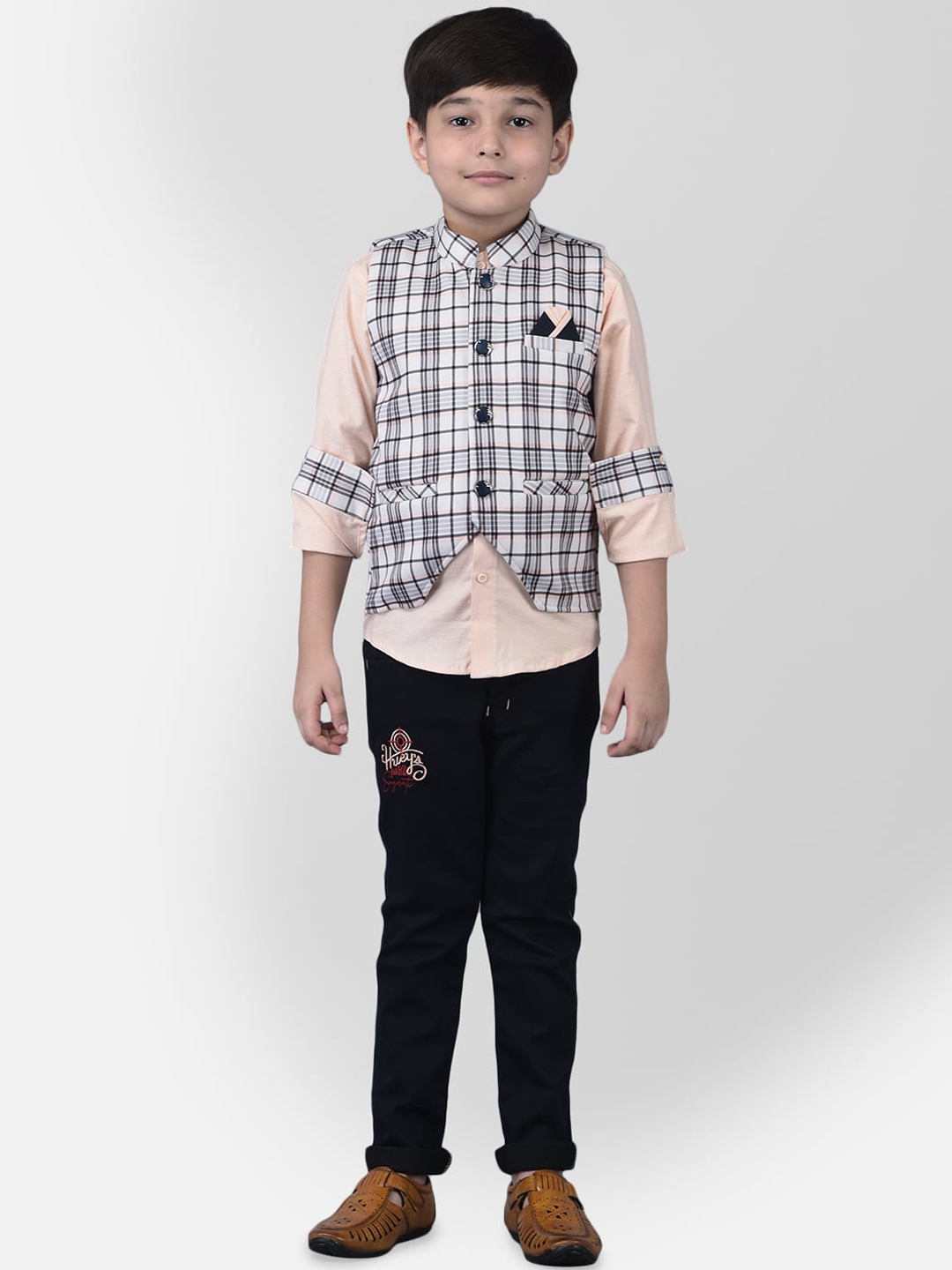 

TS TRENDS Boys Peach-Coloured & Black Shirt with Trousers & Waistcoast