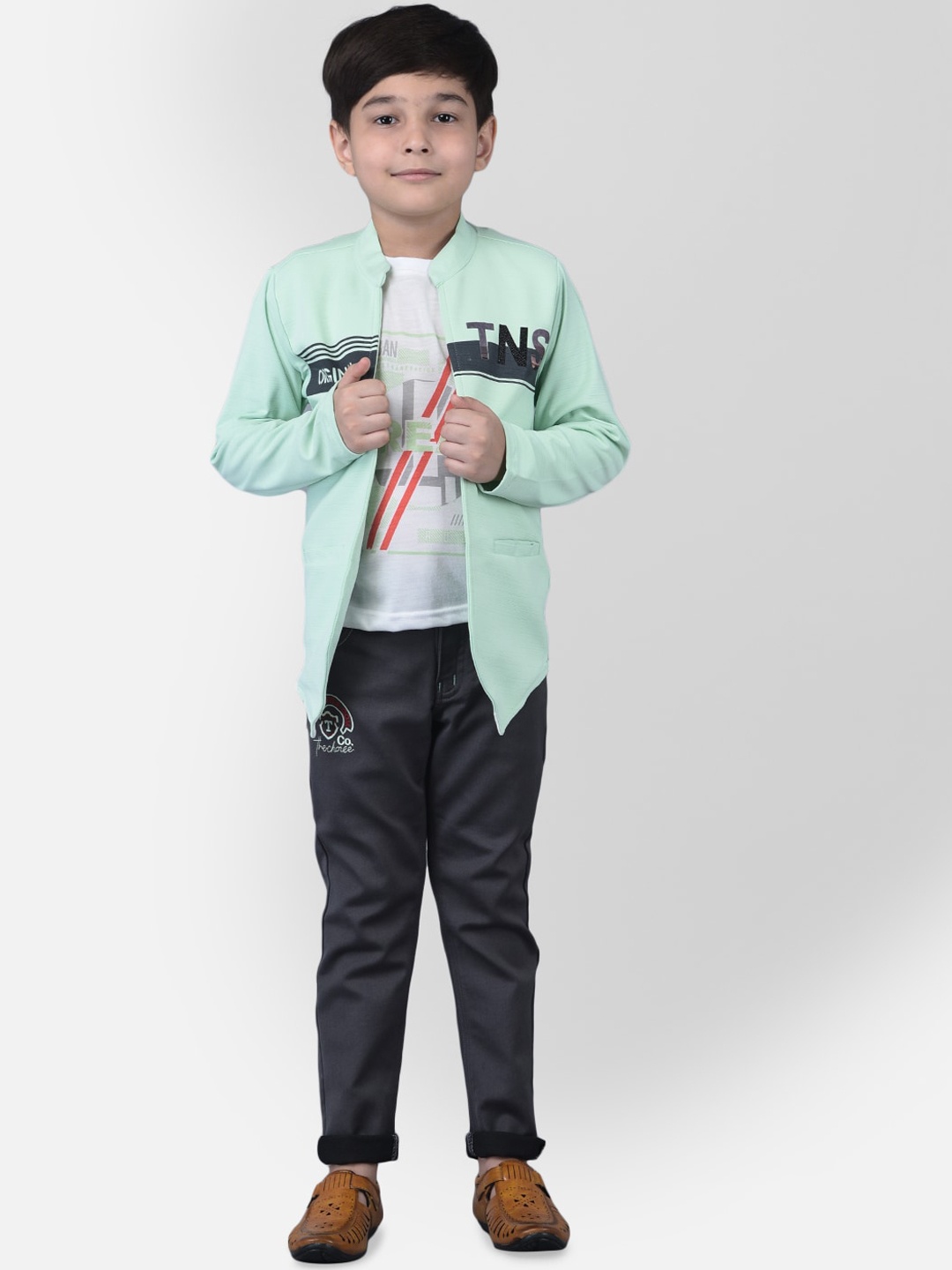 

TS TRENDS Boys Sea Green & Black Printed Pure Cotton T-shirt with Trousers & Jacket