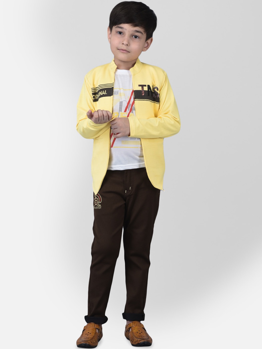 

TS TRENDS Boys Yellow & Brown Printed Cotton T-shirt with Trousers & Jacket