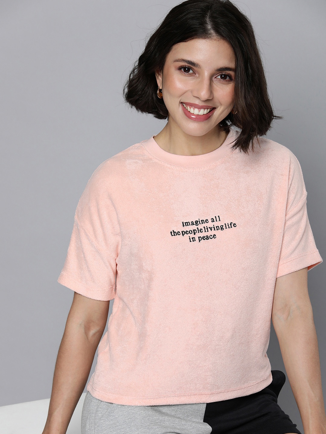 

M&H Easy Women Peach-Coloured Typography Printed T-shirt