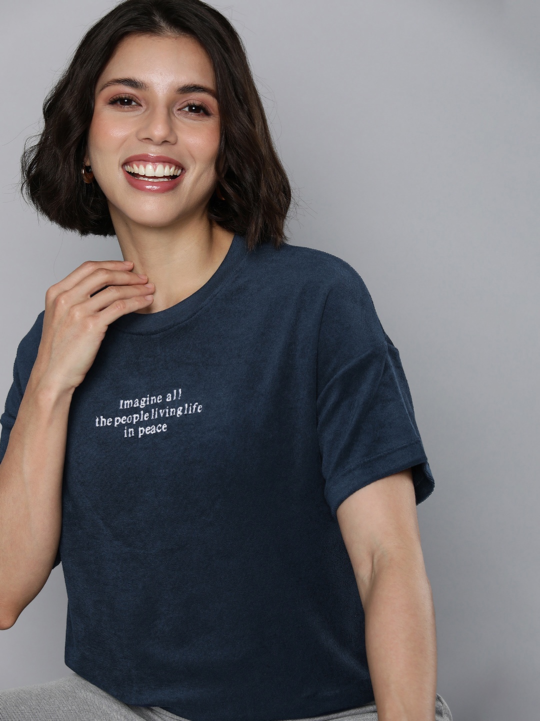 

M&H Easy Women Navy Blue Typography Printed T-shirt