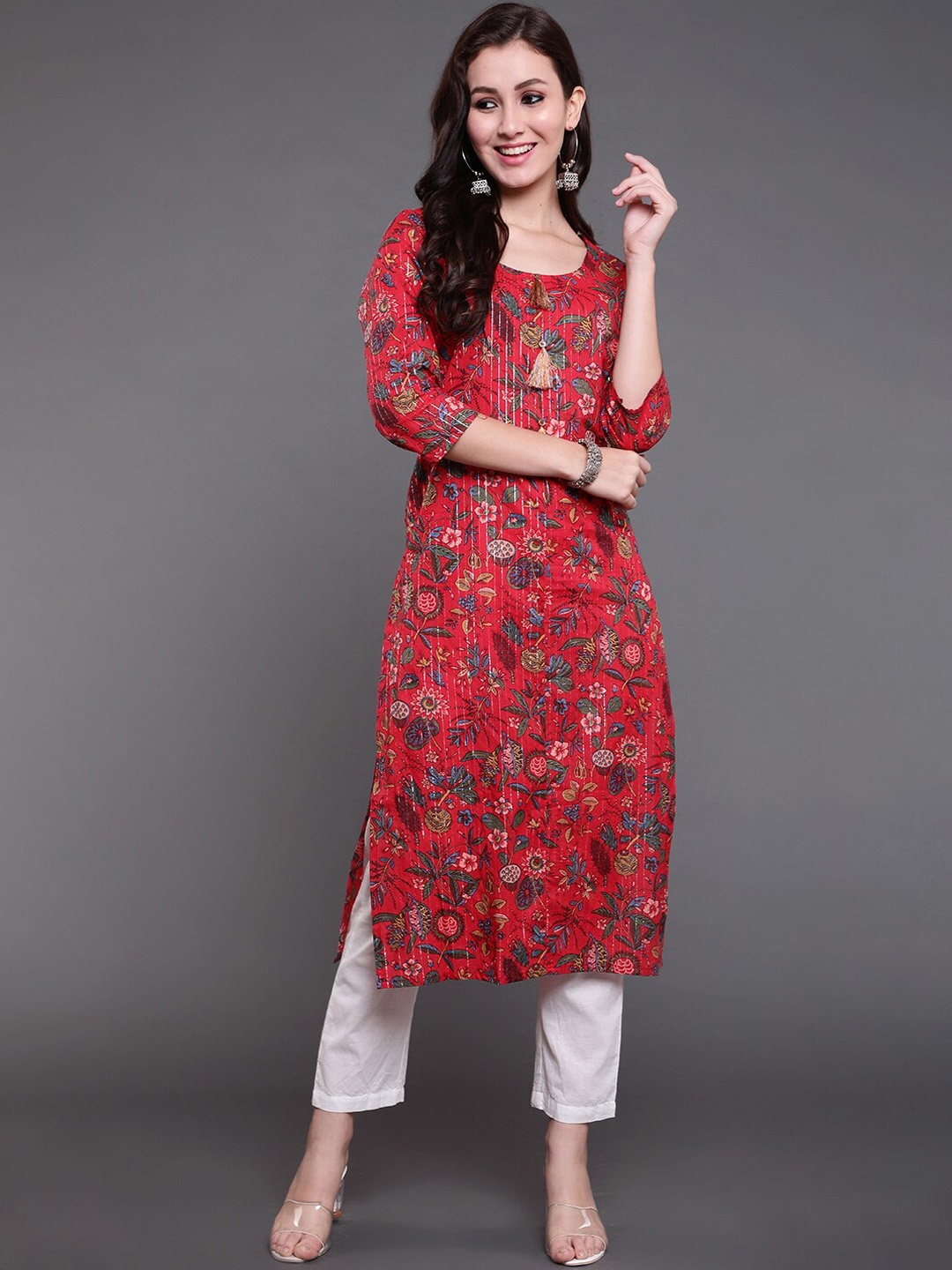 

antaran Women Red & Blue Floral Printed Straight Kurta