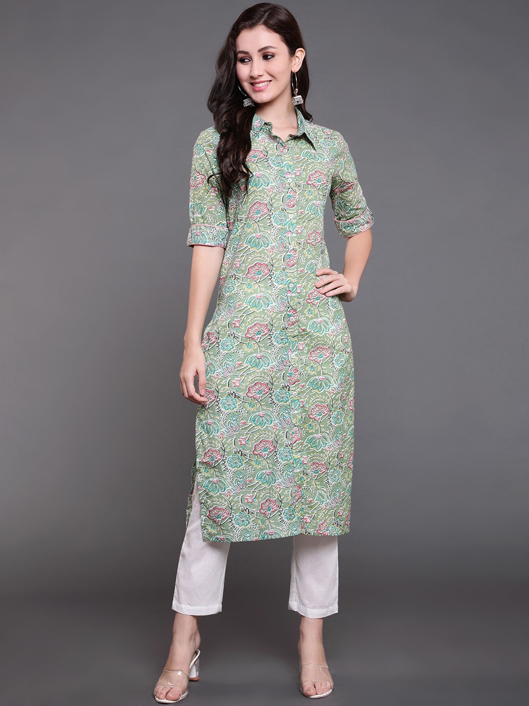 

antaran Women Green & Pink Floral Printed Kurta