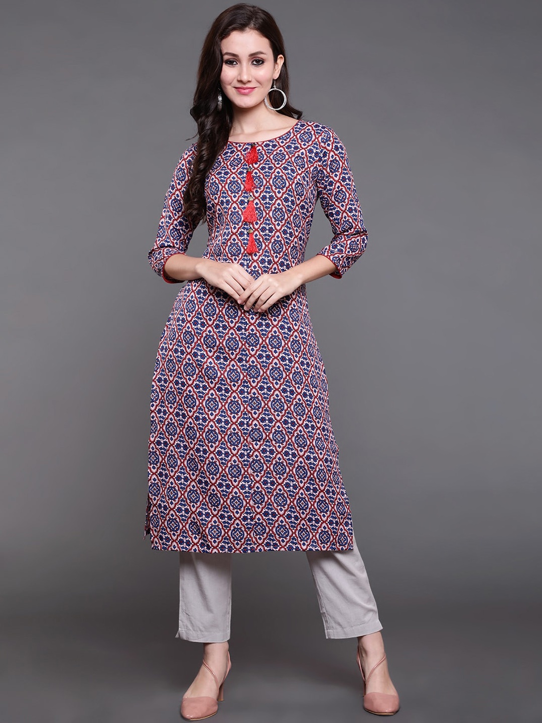 

antaran Women Blue & Maroon Ethnic Motifs Printed Kurta
