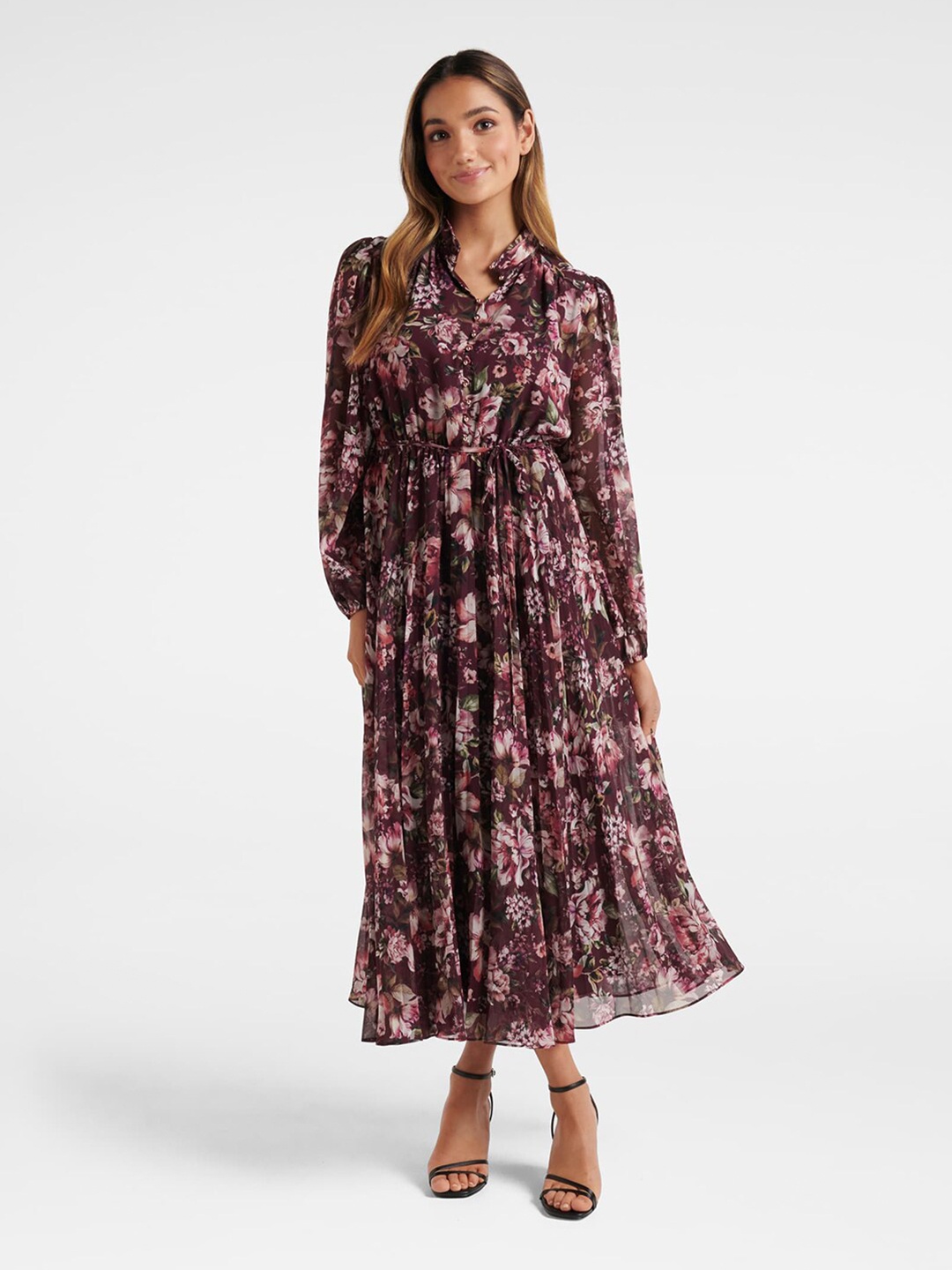 

Forever New Maroon Printed Floral Button Up Maxi Dress