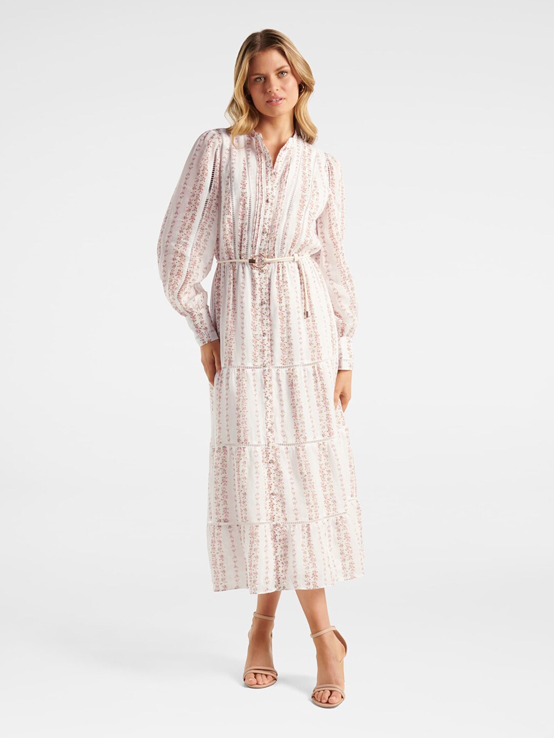 

Forever New White Printed Floral Linen Midi Dress