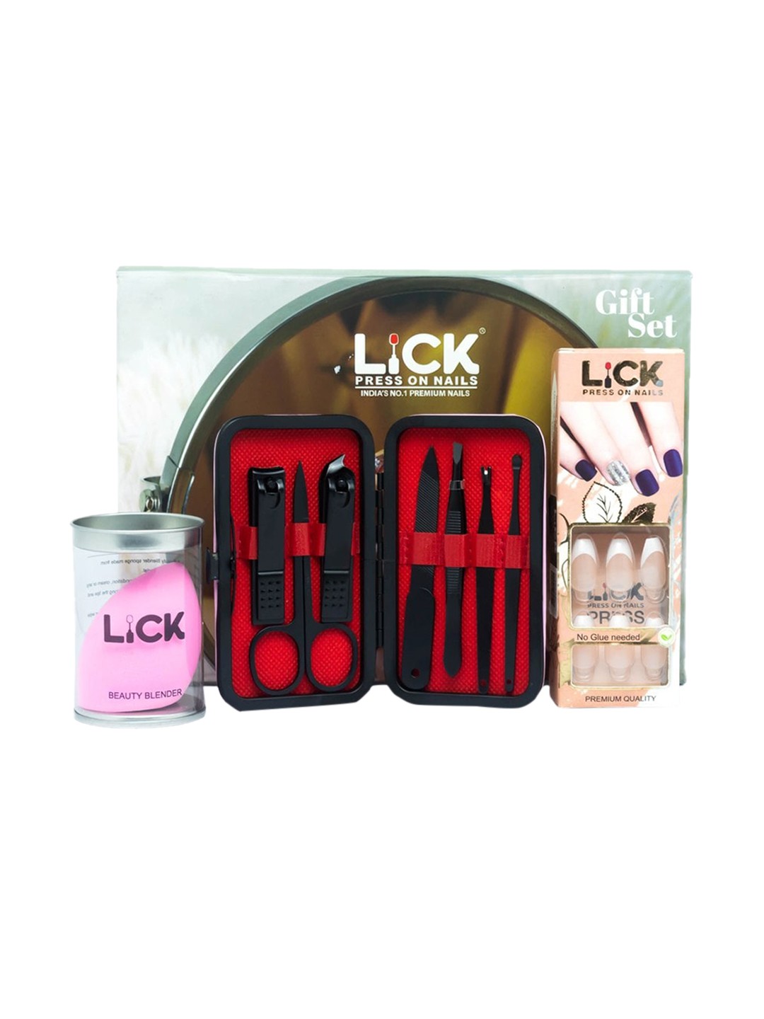 

LICK Set Of 28 Press on Nails, Beauty Blender & Manicure Pedicure Kit, Multi