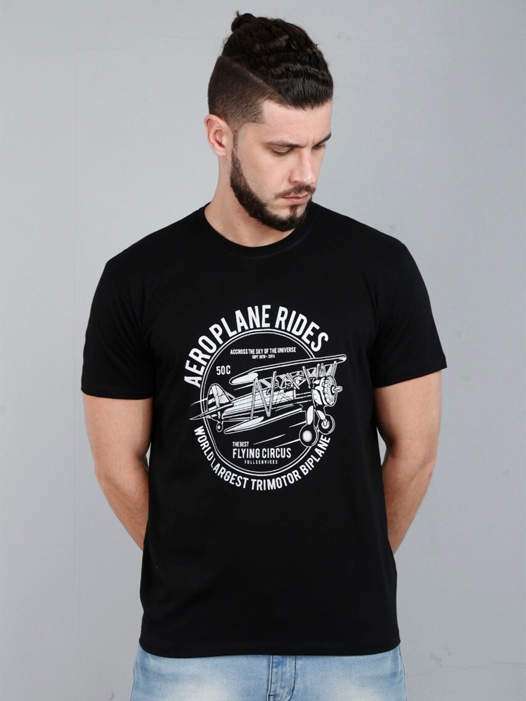 

COOFT Men Black & White Printed Pure Cotton T-shirt