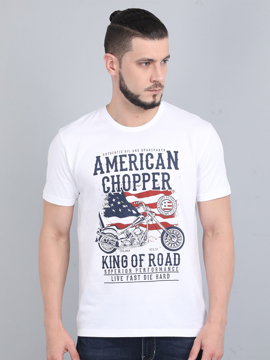 

COOFT Men White Biker Printed Pure Cotton Round Neck T-shirt