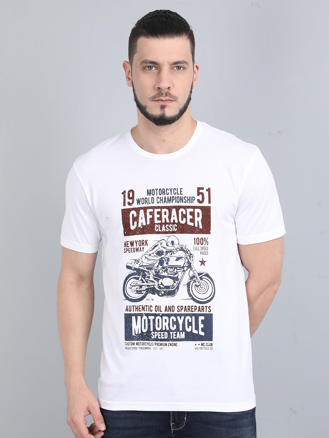 

COOFT Men White & Red Biker Printed Pure Cotton T-shirt