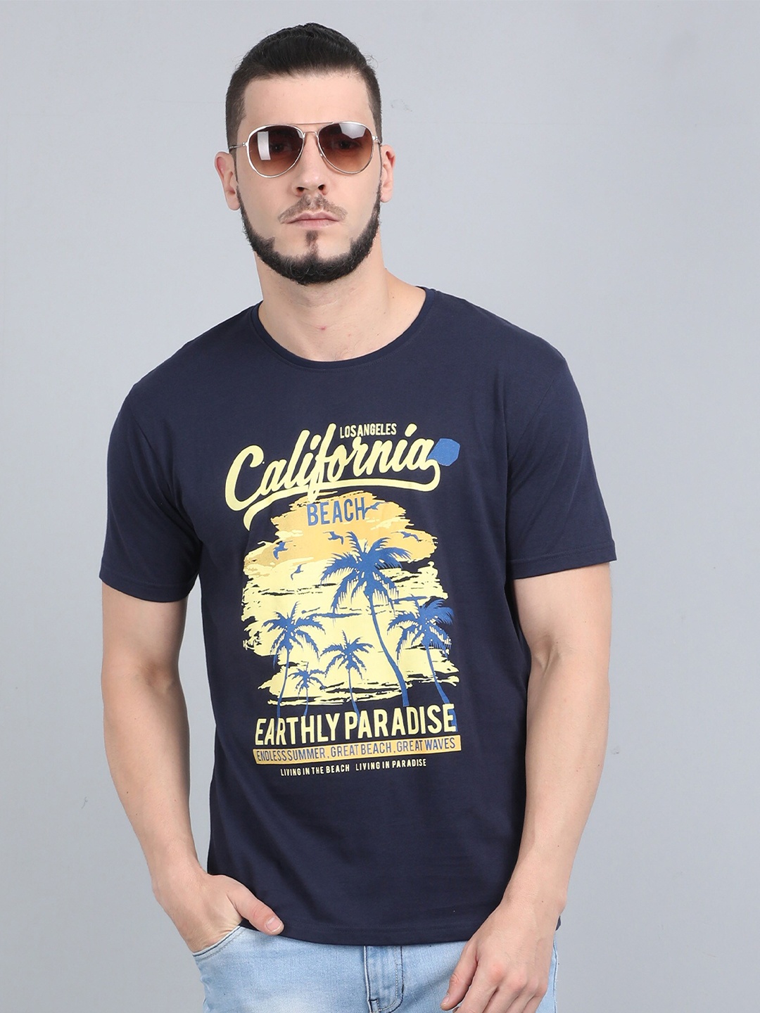 

COOFT Men Blue & Yellow Typography Printed Pure Cotton T-shirt