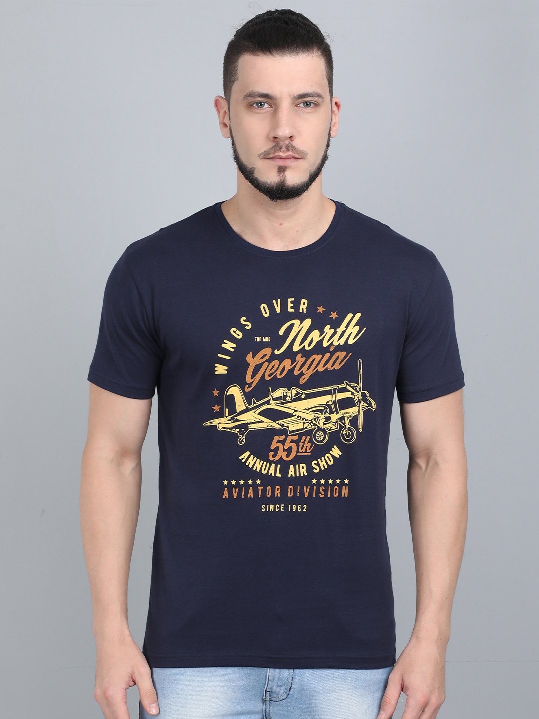 

COOFT Men Blue Typography Printed Pure Cotton T-shirt