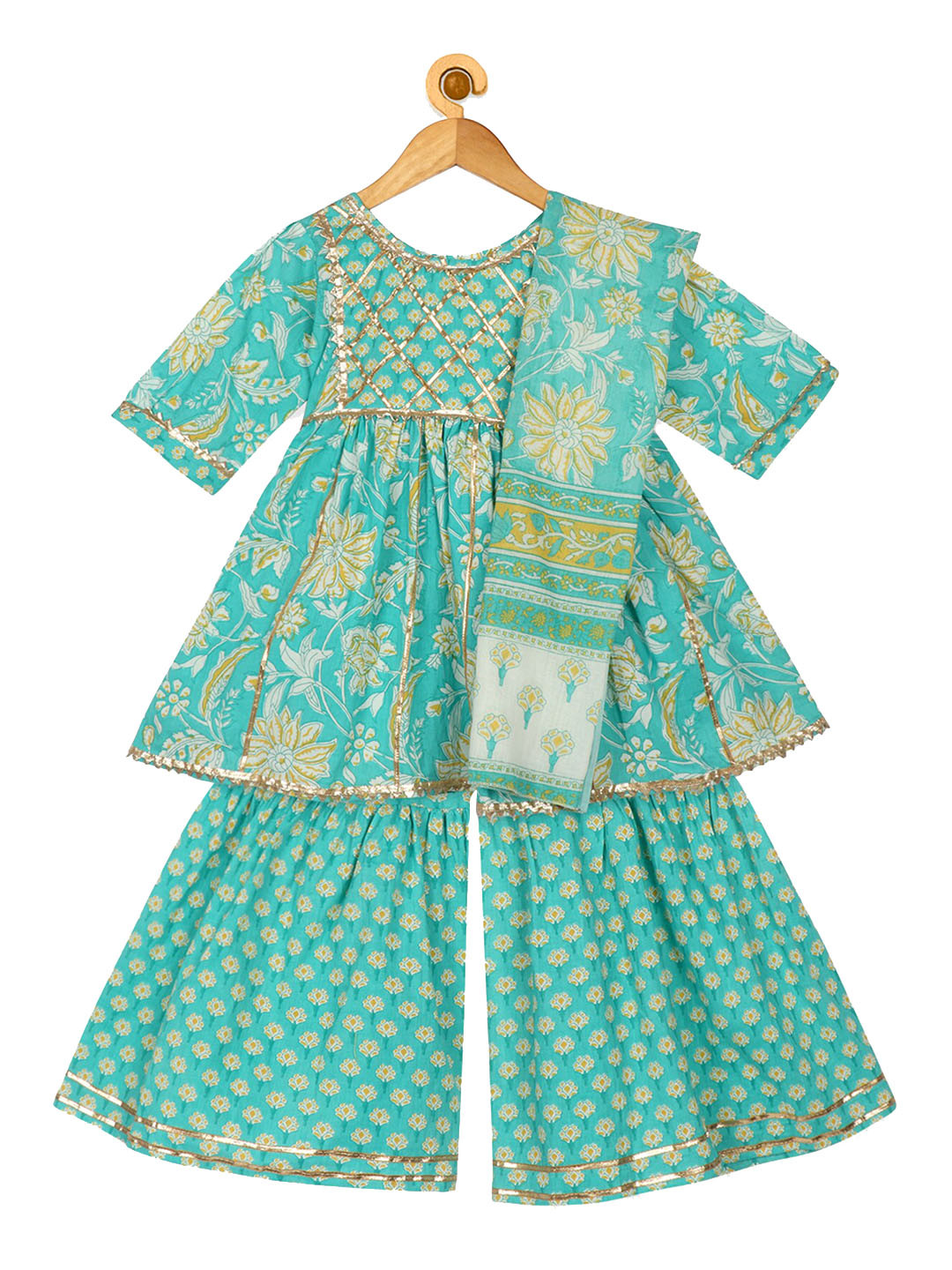 

Ka-mee Girls Turquoise Blue Floral Printed Pure Cotton Kurti with Sharara & With Dupatta