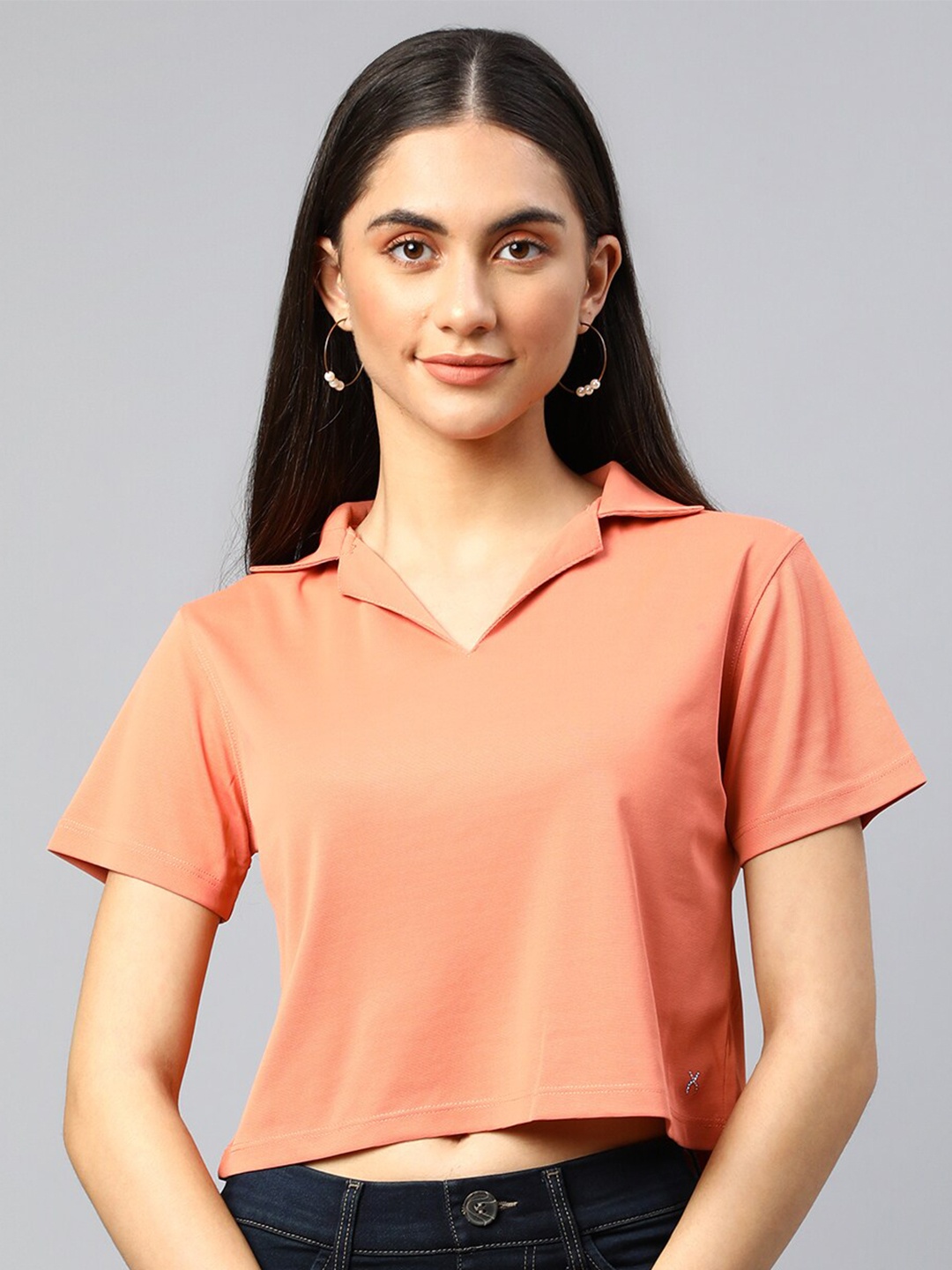 

Xpose Women Peach-Coloured Boxy Crop Top