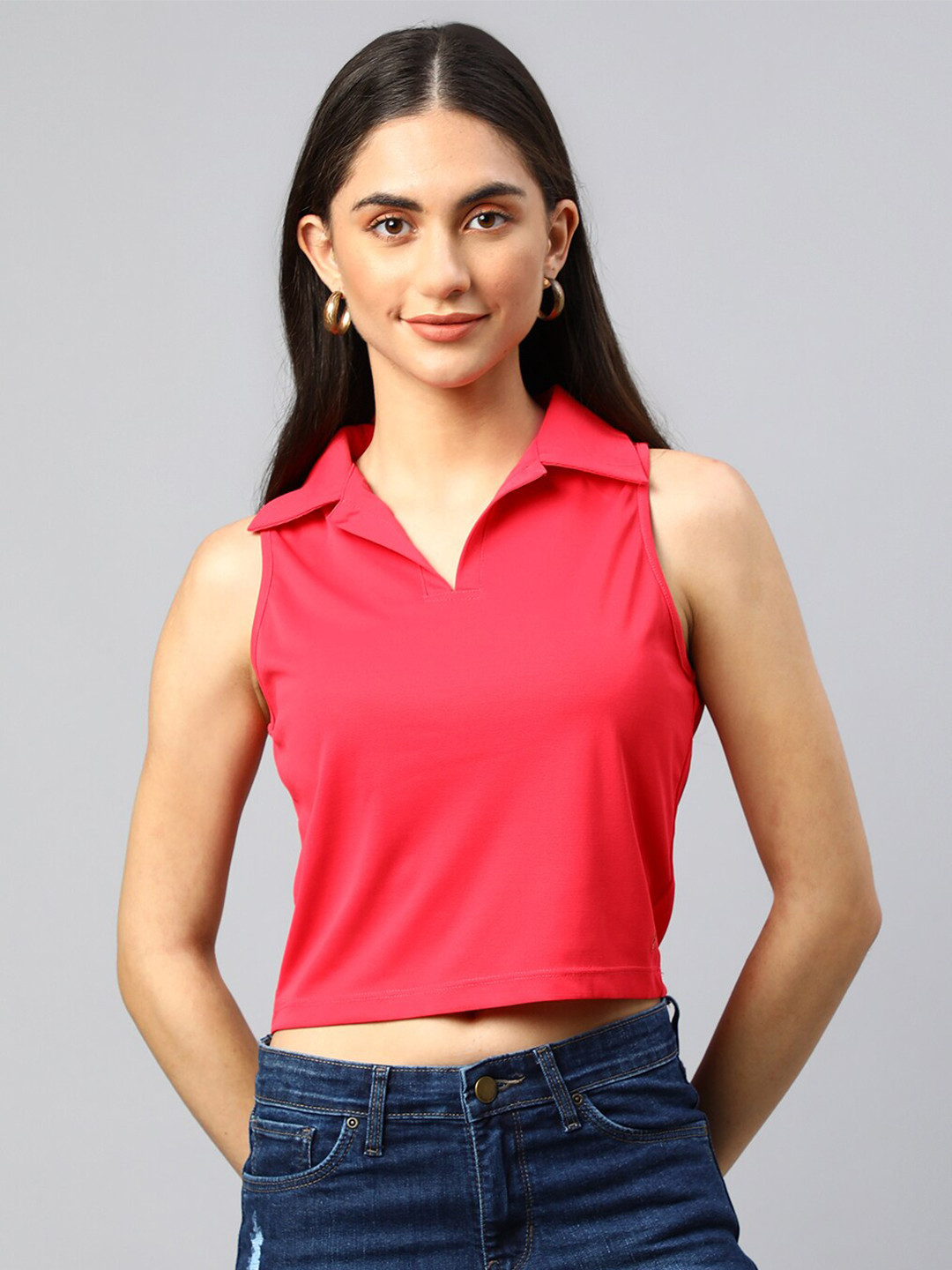 

Xpose Women Pink Shirt Style Sleeveless Crop Top