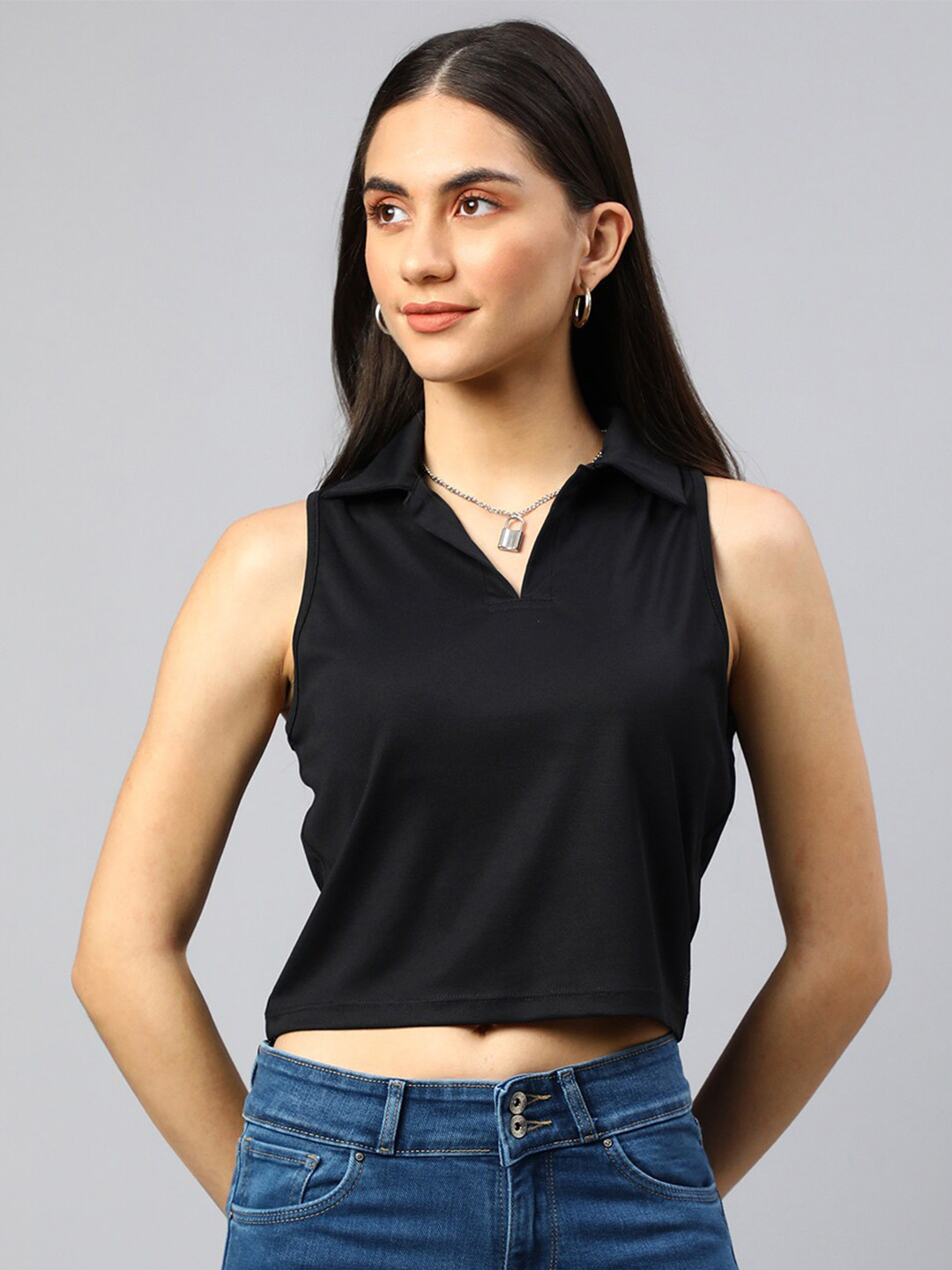 

Xpose Women Black Solid Sleeveless Crop Top