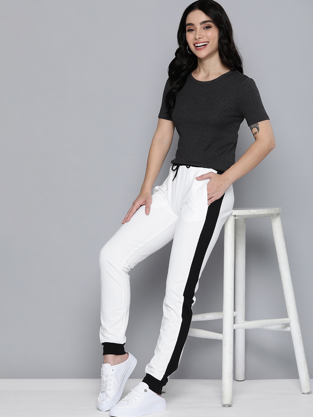 

Mast & Harbour Women White & Black Regular Fit Side Striped Joggers